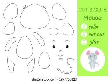 Color, cut and glue paper little mouse. Cut and paste crafts activity page. Educational game for preschool children. DIY worksheet. Kids logic game, puzzle. Vector stock illustration.