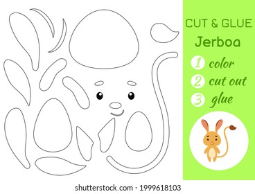 Color, cut and glue paper little jerboa. Cut and paste crafts activity page. Educational game for preschool children. DIY worksheet. Kids logic game, puzzle. Vector stock illustration.
