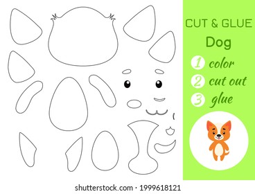 Color, cut and glue paper little dog. Cut and paste crafts activity page. Educational game for preschool children. DIY worksheet. Kids logic game, puzzle. Vector stock illustration.