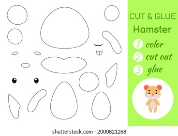 Color, cut and glue paper little hamster. Cut and paste crafts activity page. Educational game for preschool children. DIY worksheet. Kids logic game, puzzle. Vector stock illustration.