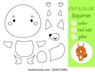 Color, cut and glue paper little squirrel. Cut and paste crafts activity page. Educational game for preschool children. DIY worksheet. Kids logic game, puzzle. Vector stock illustration