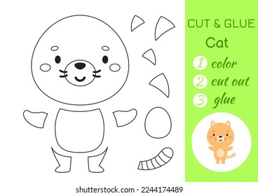 Color, cut and glue paper little cat. Cut and paste crafts activity page. Educational game for preschool children. DIY worksheet. Kids logic game, puzzle. Vector stock illustration
