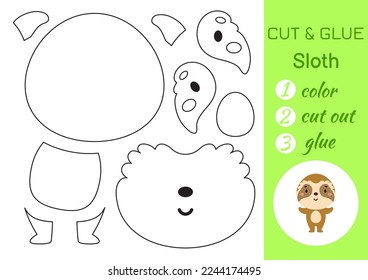 Color, cut and glue paper little sloth. Cut and paste crafts activity page. Educational game for preschool children. DIY worksheet. Kids logic game, puzzle. Vector stock illustration