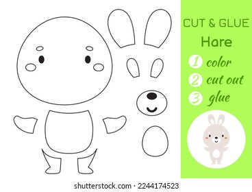 Color, cut and glue paper little hare. Cut and paste crafts activity page. Educational game for preschool children. DIY worksheet. Kids logic game, puzzle. Vector stock illustration