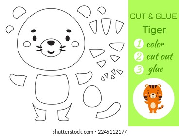 Color, cut and glue paper little tiger. Cut and paste crafts activity page. Educational game for preschool children. DIY worksheet. Kids logic game, puzzle. Vector stock illustration