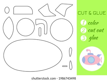 Color, cut and glue paper pink submarine. Cut and paste craft activity page. Educational game for preschool children. DIY worksheet. Kids logic game, activities jigsaw. Vector stock illustration.