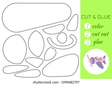 Color, cut and glue paper pink airplane. Cut and paste craft activity page. Educational game for preschool children. DIY worksheet. Kids logic game, activities jigsaw. Vector stock illustration.