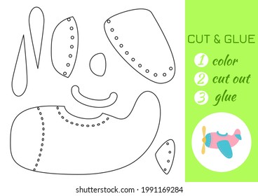 Color, cut and glue paper pink airplane. Cut and paste craft activity page. Educational game for preschool children. DIY worksheet. Kids logic game, activities jigsaw. Vector stock illustration.