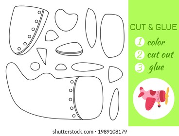 Color, cut and glue paper pink-red airplane. Cut and paste craft activity page. Educational game for preschool children. DIY worksheet. Kids logic game, activities jigsaw. Vector stock illustration.