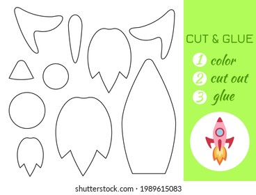 Color, cut and glue paper red rocket. Cut and paste craft activity page. Educational game for preschool children. DIY worksheet. Kids logic game, activities jigsaw. Vector stock illustration.