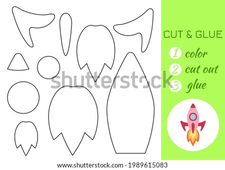 Color, cut and glue paper red rocket. Cut and paste craft activity page. Educational game for preschool children. DIY worksheet. Kids logic game, activities jigsaw. Vector stock illustration.