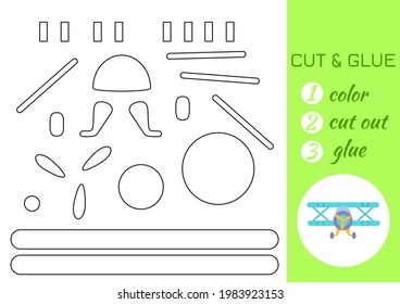 Color, cut and glue paper turquoise airplane. Cut and paste craft activity page. Educational game for preschool children. DIY worksheet. Kids logic game, activities jigsaw. Vector stock illustration.