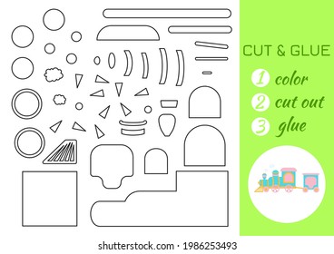 Color, cut and glue paper turquoise train. Cut and paste craft activity page. Educational game for preschool children. DIY worksheet. Kids logic game, activities jigsaw. Vector stock illustration.