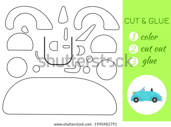 Color, cut and glue paper turquoise car.\
Cut and paste craft activity page. Educational game for preschool\
children. DIY worksheet. Kids logic game, activities jigsaw. Vector\
stock illustration.