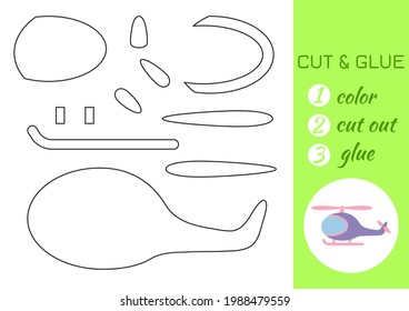 Color, cut and glue paper violet helicopter. Cut and paste craft activity page. Educational game for preschool children. DIY worksheet. Kids logic game, activities jigsaw. Vector stock illustration.