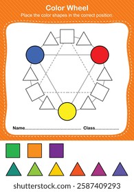 Color or cut shapes to match the correct color on the color wheel. A fun learning activity for kids to explore colors and shapes!