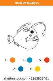 Color cute angler fish by numbers. Coloring page for kids. 