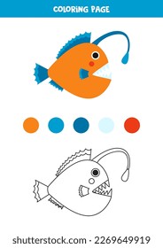 Color cute angler fish. Coloring page for kids. 