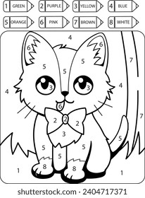 Color a cute beautiful CAT by numbers. Cartoon Coloring Book for Kids - Worksheet
