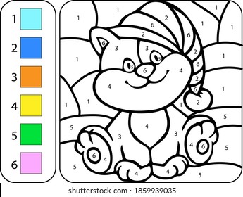 
Color the cute beautiful cat in the hat by numbers. Cartoon Coloring Book for Kids - Worksheet