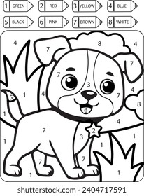 Color a cute beautiful DOG by numbers. Cartoon Coloring Book for Kids - Worksheet