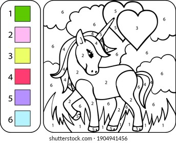Color the cute beautiful unicorn by numbers. Beautiful coloring book page for kids. Worksheet for education