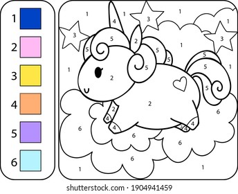 Color the cute beautiful unicorn by numbers. Beautiful coloring book page for kids. Worksheet for education