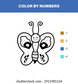 Color cute butterfly by number. Educational math game for children. Coloring page.