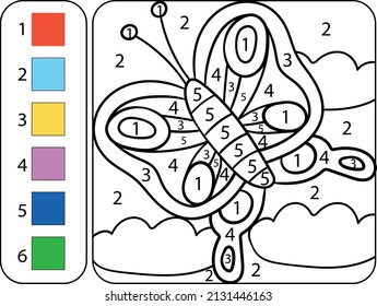 Color the cute butterfly by numbers. Beautiful coloring book page for kids. Worksheet for education