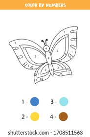 Color Cute Cartoon Butterfly By Numbers. Educational Worksheet For Kids.