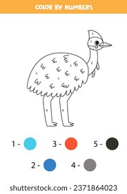 Color cute cartoon cassowary by numbers. Coloring page for kids. 