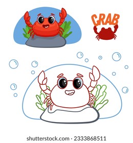 Color the cute cartoon crab. Game for children. Coloring according to the sample. Cartoon style Funny sea animals. Vector illustration