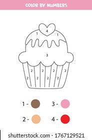 Color cute cartoon cupcake by numbers. Coloring page for preschoolers. Educational math game for kids. Printable worksheet.