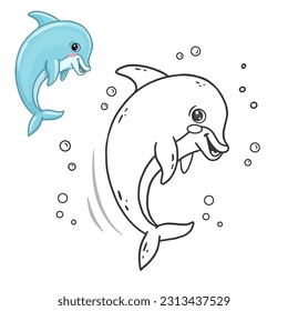 Color the cute cartoon dolphin. Game for children. Coloring according to the sample. Cartoon style Funny sea animals. Vector illustration