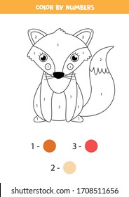 Color cute cartoon fox by numbers. Math game for kids.