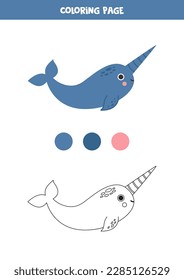 Color cute cartoon narwhal. Coloring page for kids. 