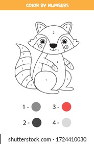 Color cute cartoon raccoon by numbers. Educational worksheet for kids.