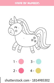Color cute cartoon unicorn by numbers. Educational math game for kids. Coloring worksheet for children.