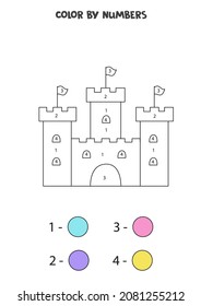 Color cute castle by numbers. Coloring page for kids. 