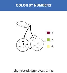Color lindo cereza por número. Juego educativo de matemáticas para niños. Colorido de la página.