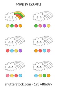 Color cute clouds with rainbows. Educational coloring page for preschool kids.