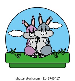 color cute couple rabbit standing in the landscape