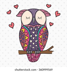 Color cute decorative ornamental Owl fall in love, vector doodle