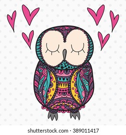 Color cute decorative ornamental Owl fall in love, vector doodle