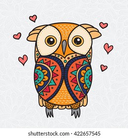 Color cute decorative ornamental Owl fall in love, vector doodle
