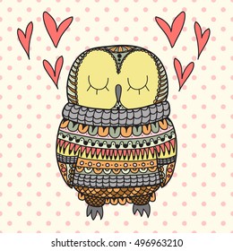 Color cute decorative ornamental Owl in pullover fall in love, vector doodle illustration