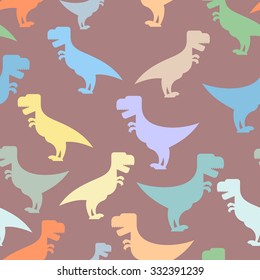 Color cute dinosaurs seamless background. Repeating pattern of Tyrannosaurus. T-rex reptile of Jurassic period. Texture for baby tissue. Ornament of  prehistoric predator