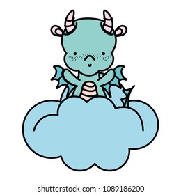 color cute dragon with horns and wings in the clouds