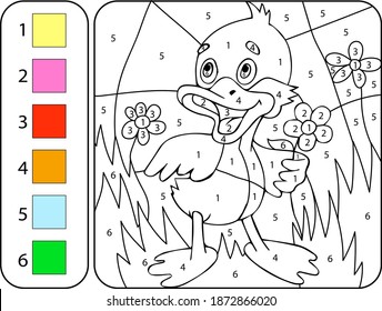 Color the cute duck by numbers. Beautiful coloring book page for kids. Worksheet for education