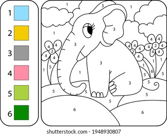 Color the cute elephant horse by numbers. Beautiful coloring book page for kids. Worksheet for education
